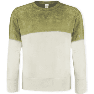 A green and cream adult sweatshirt featuring a colour-block design and a logo on the label.