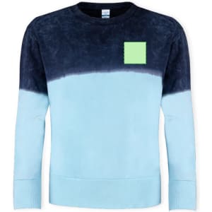 A blue and navy adult sweatshirt with a square patch, featuring a gradient design. It has a crew neck and ribbed cuffs.