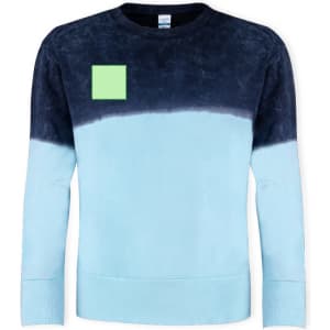 A blue and navy adult sweatshirt with a textured design and a small green square on the front.
