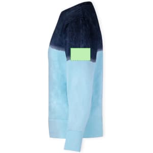A blue and teal adult sweatshirt with a gradient design and a tag on the sleeve.