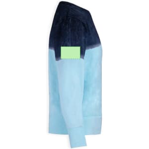 A blue gradient adult sweatshirt with a green patch on the sleeve, showcasing a modern design.