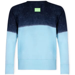 A sweatshirt with a gradient design, featuring dark navy at the top and light blue shades below. It has a logo on the back.