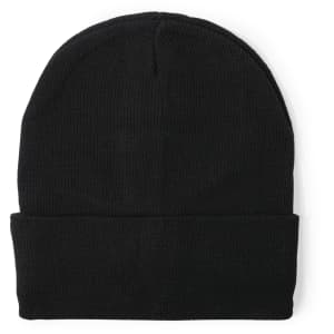 A black beanie with a folded cuff, featuring a small logo on the side.