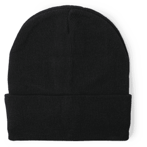 A black beanie with a folded cuff and a textured knit. It features a logo on the side.