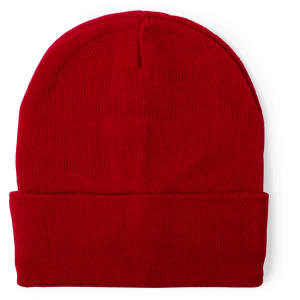 A red beanie hat with a folded cuff, featuring a simple design and a logo tag.