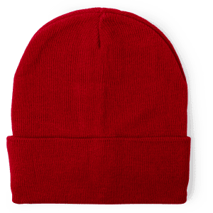 A red beanie hat with a ribbed texture and a folded cuff, featuring a logo.