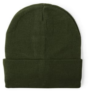 A dark green beanie hat with a folded cuff, featuring a simple design and a logo.