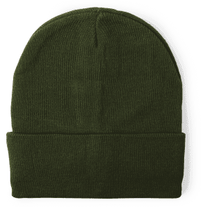A green beanie featuring a folded cuff and a simple design, with a logo visible.