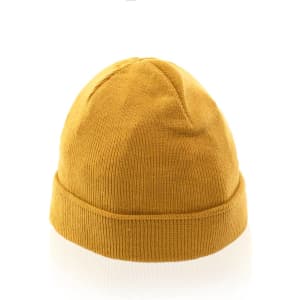 A mustard yellow beanie hat with a ribbed texture and a folded brim, featuring a small logo.