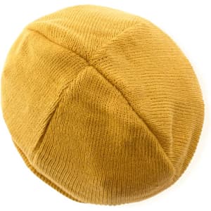A mustard yellow beanie hat with a textured knit pattern and a small logo on it.