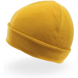 A yellow beanie featuring a ribbed texture and a folded cuff, with a small logo on the side.