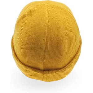 A yellow beanie hat with a ribbed texture and rolled brim, featuring a logo.