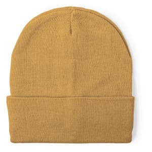A mustard beanie with a folded brim and a textured knit pattern, featuring a logo.