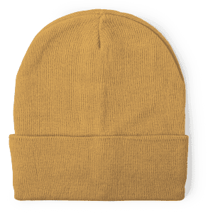 A mustard yellow beanie with a folded cuff and a smooth texture. It features a logo on the side.