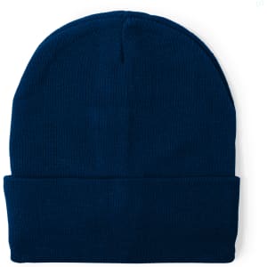 A navy blue beanie with a folded cuff and a subtle branding logo.