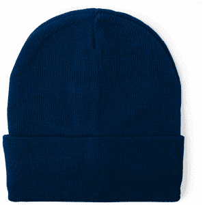 A blue beanie hat with a cuffed design, featuring a logo on the side.