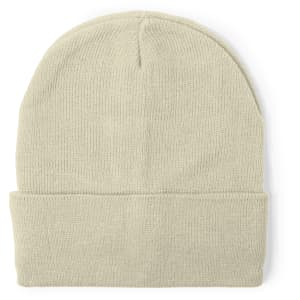 A beige beanie hat with a folded brim and a textured knit design, featuring a logo.
