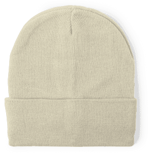 A cream-coloured beanie with a folded cuff, featuring a simple design and a logo.