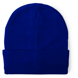 A blue beanie hat, featuring a folded cuff and a smooth knit design, with a logo on it.