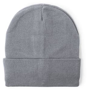 A grey beanie, featuring a folded cuff, displayed flat against a white background. It has a logo visible.