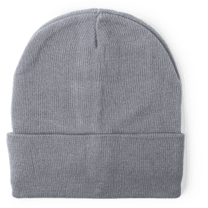 A grey beanie with a folded brim, featuring a logo on the side.