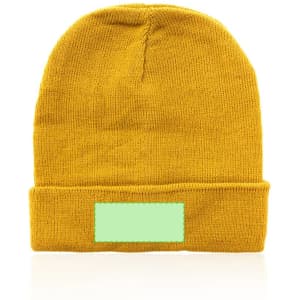 A mustard yellow beanie featuring a folded cuff and an empty space for branding or logos.