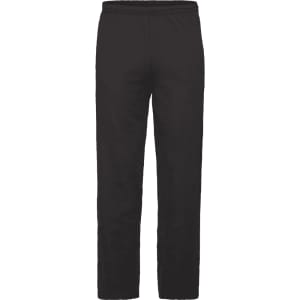 Lightweight open hem trousers in black, featuring a relaxed fit and elastic waistband. Includes branding.