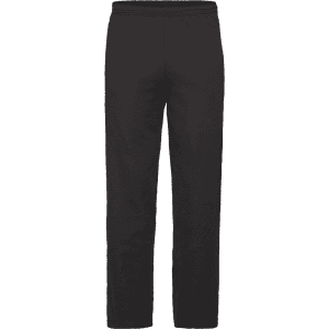 Lightweight black open hem trousers featuring an elastic waistband and a logo. Ideal as track pants.