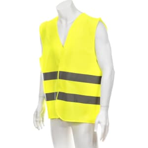 A reflective safety vest in bright yellow with grey stripes, displayed on a mannequin. It features a logo.