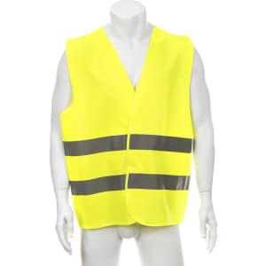 A bright yellow reflective vest featuring two grey stripes, displayed on a mannequin. Includes a logo.