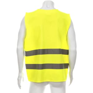 A high-visibility yellow reflective vest featuring grey stripes, displayed on a mannequin. It has a logo on the front.