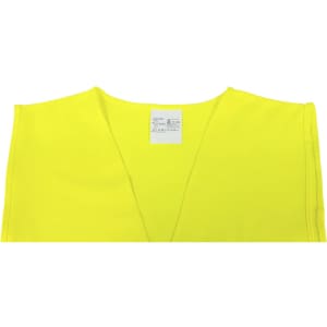 A bright yellow reflective vest featuring a v-neck design and a label on the inside. It has a branding logo.
