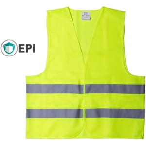 A bright yellow reflective vest featuring grey stripes and a branding logo on the side. Suitable for safety wear.