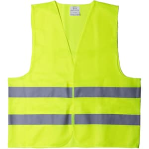 A bright yellow reflective vest featuring grey stripes and a logo. Ideal for safety wear uniforms.