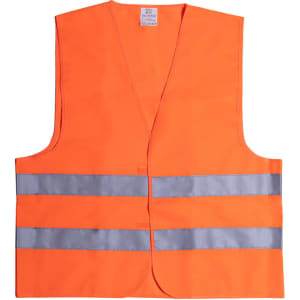 An orange reflective vest with two horizontal silver stripes, featuring a simple design and no sleeves.