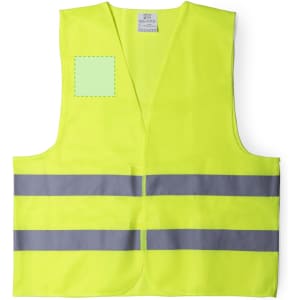 A bright yellow reflective vest featuring two horizontal grey strips and a patch area. It includes a logo.