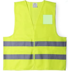 A fluorescent yellow reflective vest with grey stripes and a blank patch for branding. Features a simple, sleeveless design.