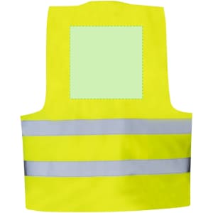 A reflective safety vest in bright yellow with two horizontal silver stripes and a blank area for customisation.