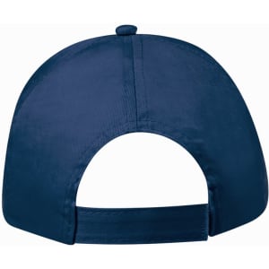 A navy blue sport cap with a curved peak and an adjustable strap at the back. Features a logo.