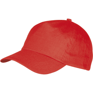A red sport cap featuring a curved brim and a structured form, complete with a logo.