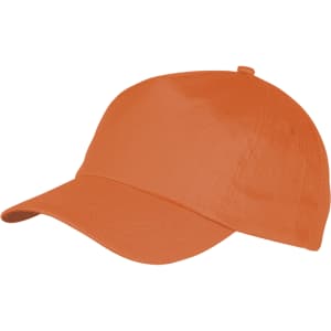 An orange sport cap featuring a curved brim and an adjustable strap at the back. It includes a logo on the front.