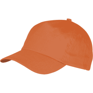 An orange Sport Cap with a curved brim and a logo on the side. It features a structured design for headwear.