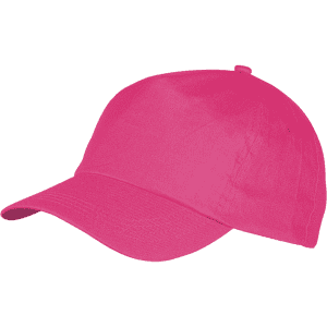 A bright pink cap with a curved brim and a rear adjustment strap, featuring a logo on the front.