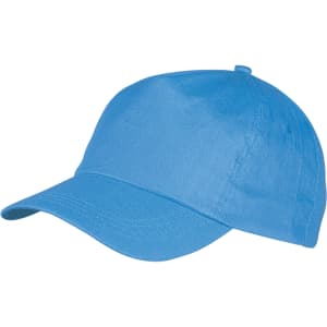 A blue sport cap with a curved brim and an adjustable strap. It features a logo on the side.