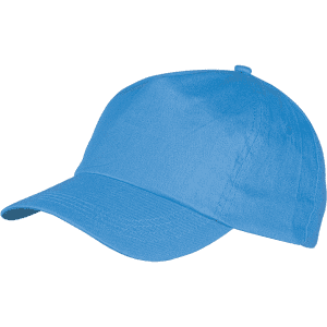A blue sport cap with a curved brim and a single button on top, featuring a logo on the front.