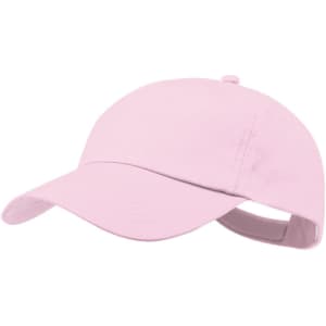 A pink sport cap with a curved brim and an adjustable strap at the back, featuring a logo.