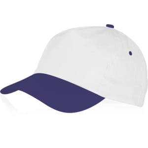 A sport cap featuring a white body and a navy blue peak, with one logo on the side.
