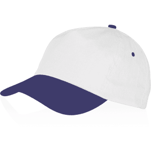 A white cap with a navy blue peak and an adjustable strap at the back, featuring a logo on the front.