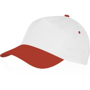 A cap with a white body and a rust-red brim, featuring a logo on the front.