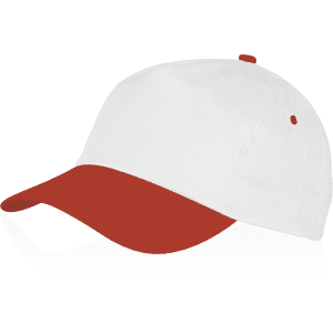 A sporty cap featuring a white body and a red brim, complete with a logo on the front.